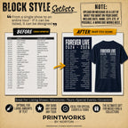 Block Style custom setlist layout for tours, festivals and multi-night concert shirts
