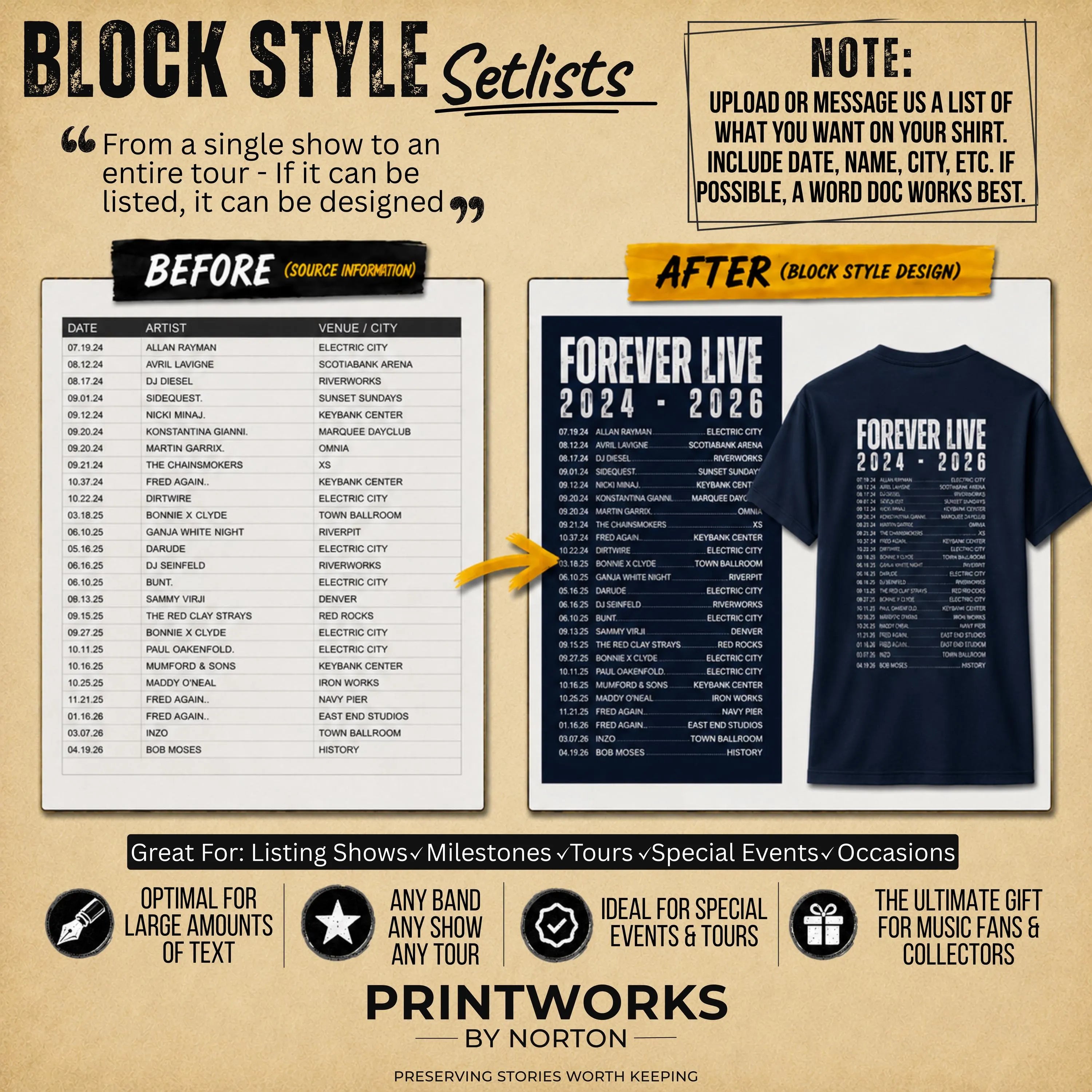 Block Style custom setlist layout for tours, festivals and multi-night concert shirts