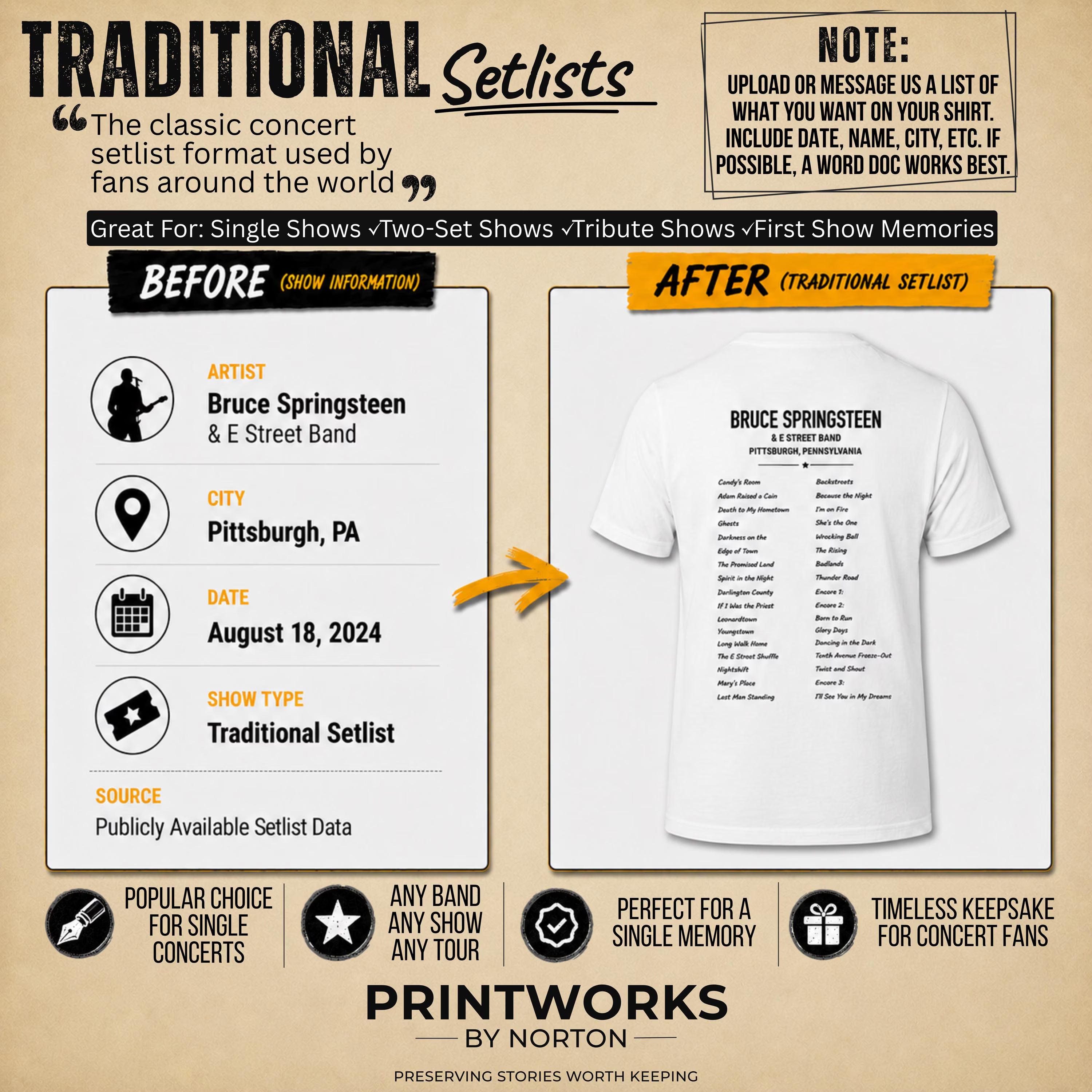 Traditional two-column custom concert setlist layout for personalized sweatshirts