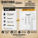 Traditional two-column custom concert setlist layout for personalized T-shirts