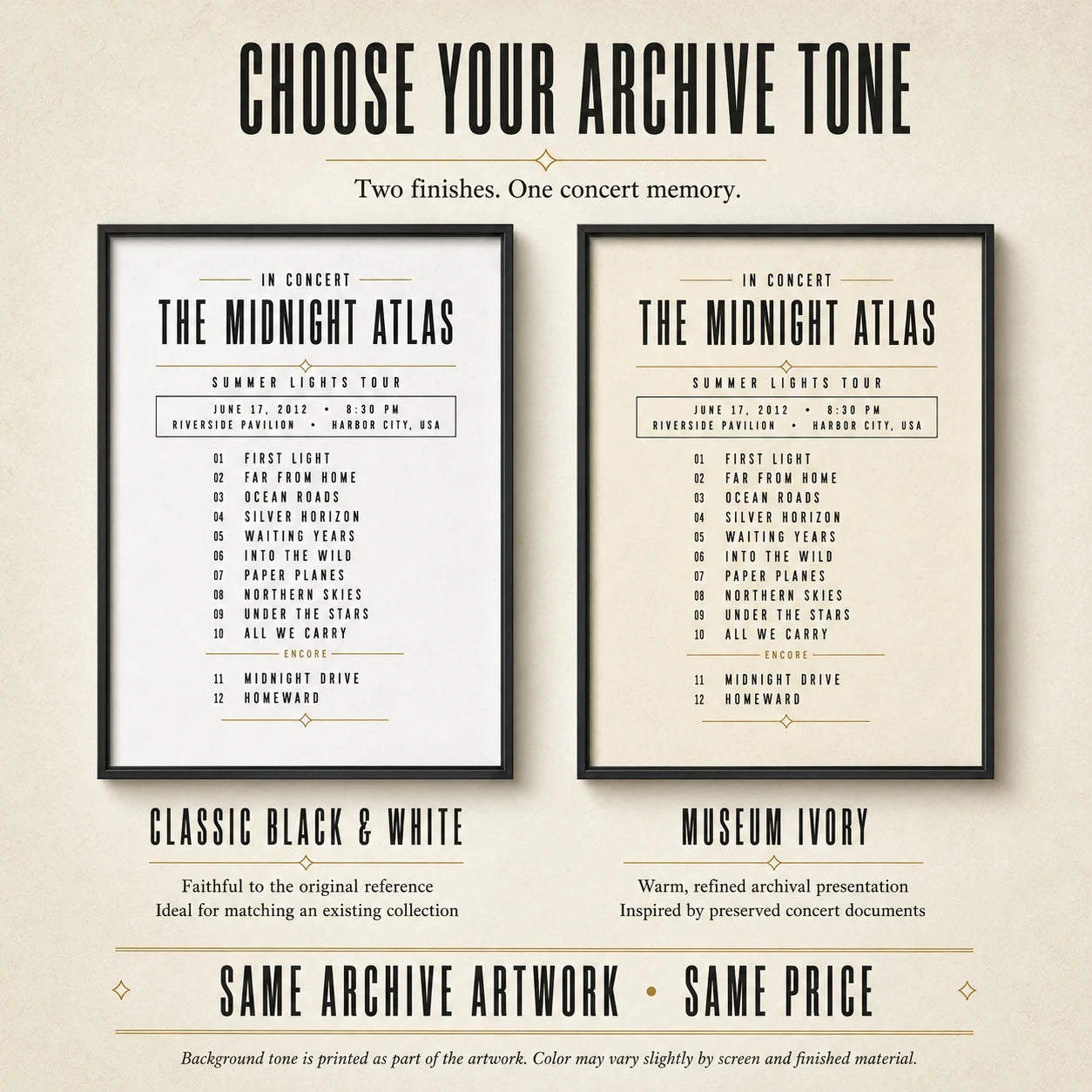 Classic Black and White and Museum Ivory background options for Concert Archive setlist art
