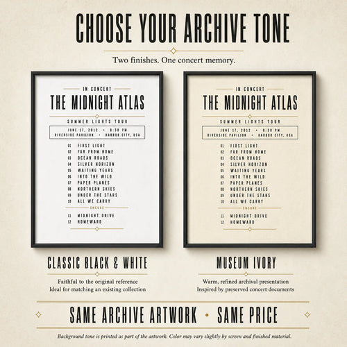 Classic Black and White and Museum Ivory background options for Concert Archive setlist art