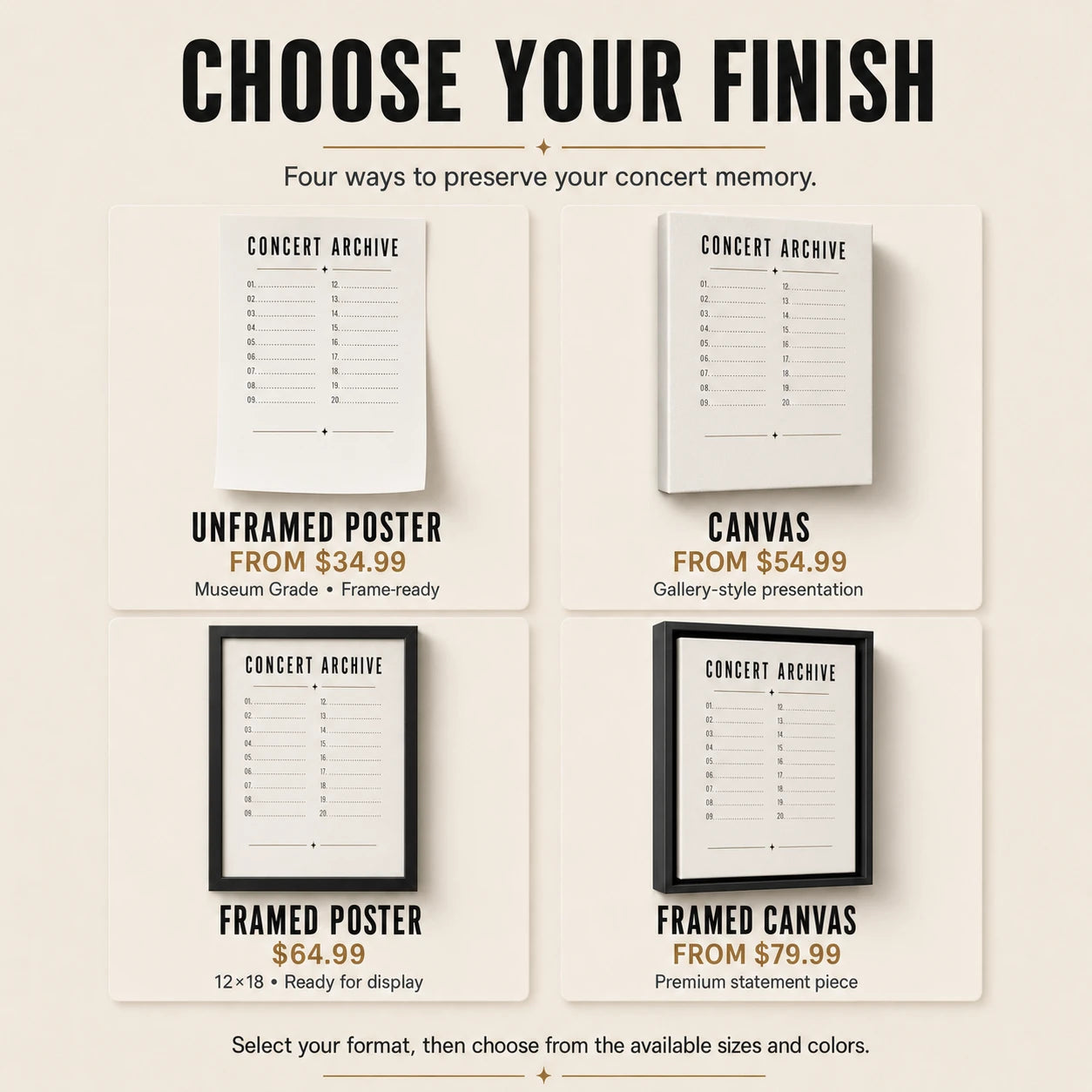 Concert setlist available as an unframed poster, canvas, framed poster, or framed canvas