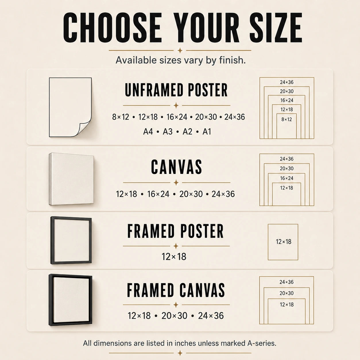 Available concert setlist wall art sizes for posters, canvas, and framed formats