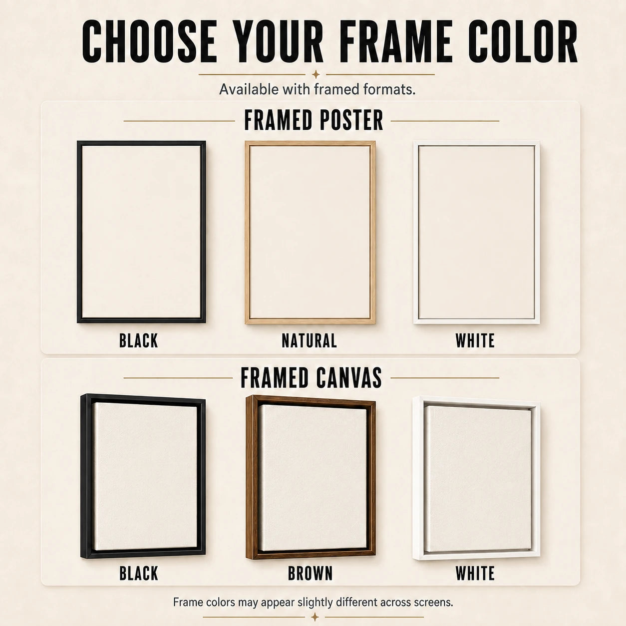 Black, natural, and white frame choices for framed poster and framed canvas setlist art