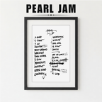 Framed poster with handwritten Pearl Jam setlist on a white background