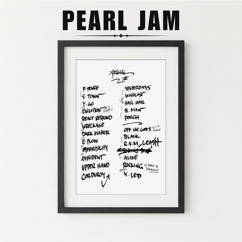 Framed poster with handwritten Pearl Jam setlist on a white background