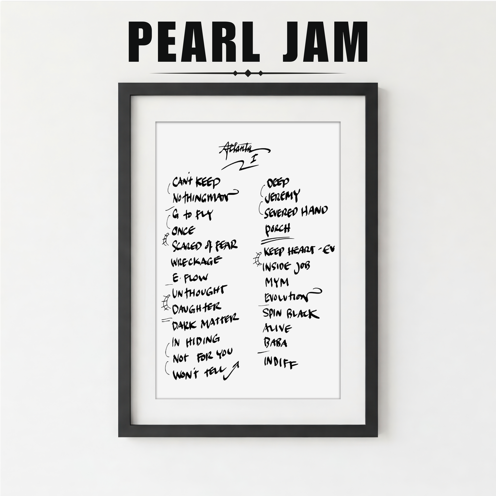 Framed list of Pearl Jam song titles on a white background