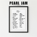 Framed list of Pearl Jam song titles on a white background