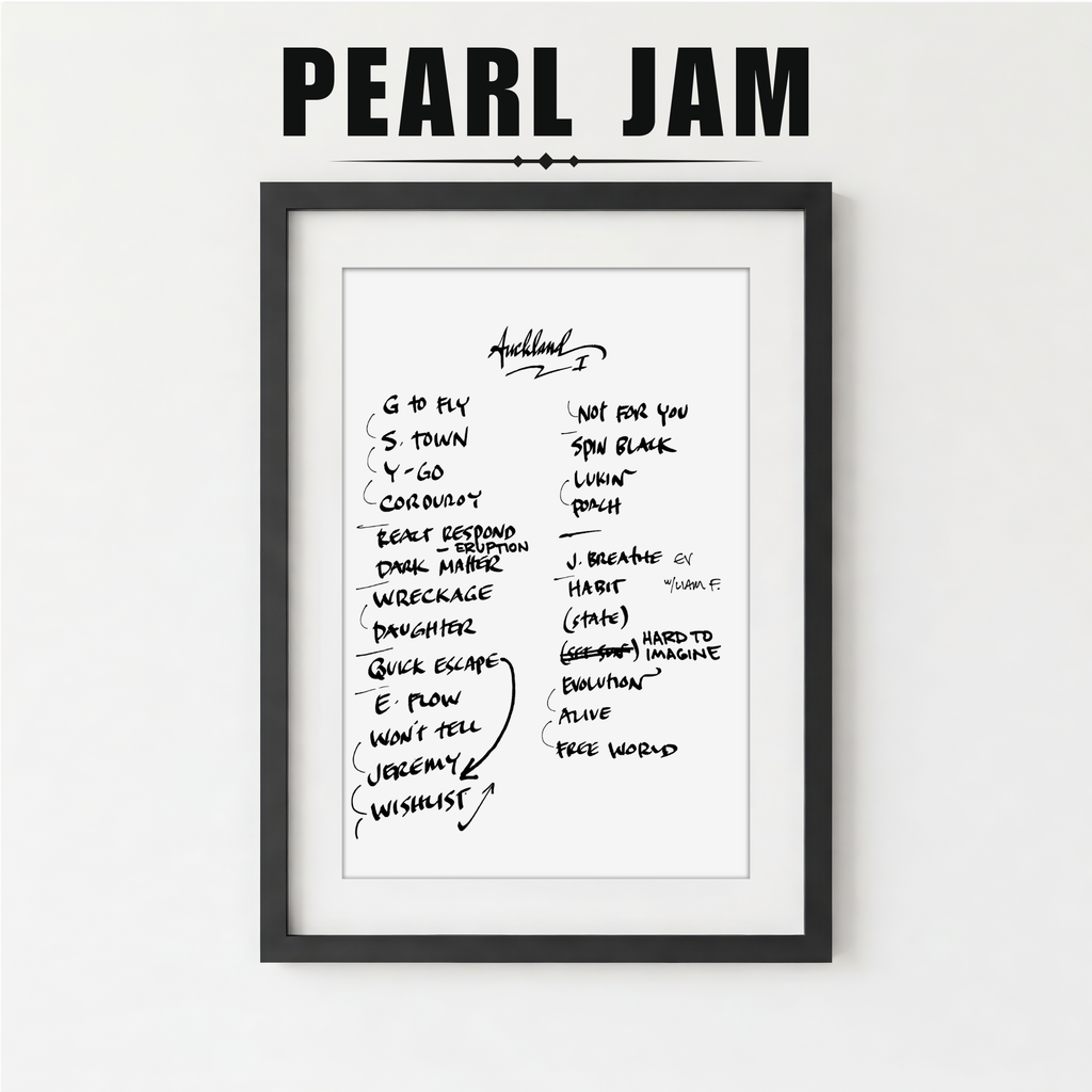 Framed list of Pearl Jam album track names on a white background