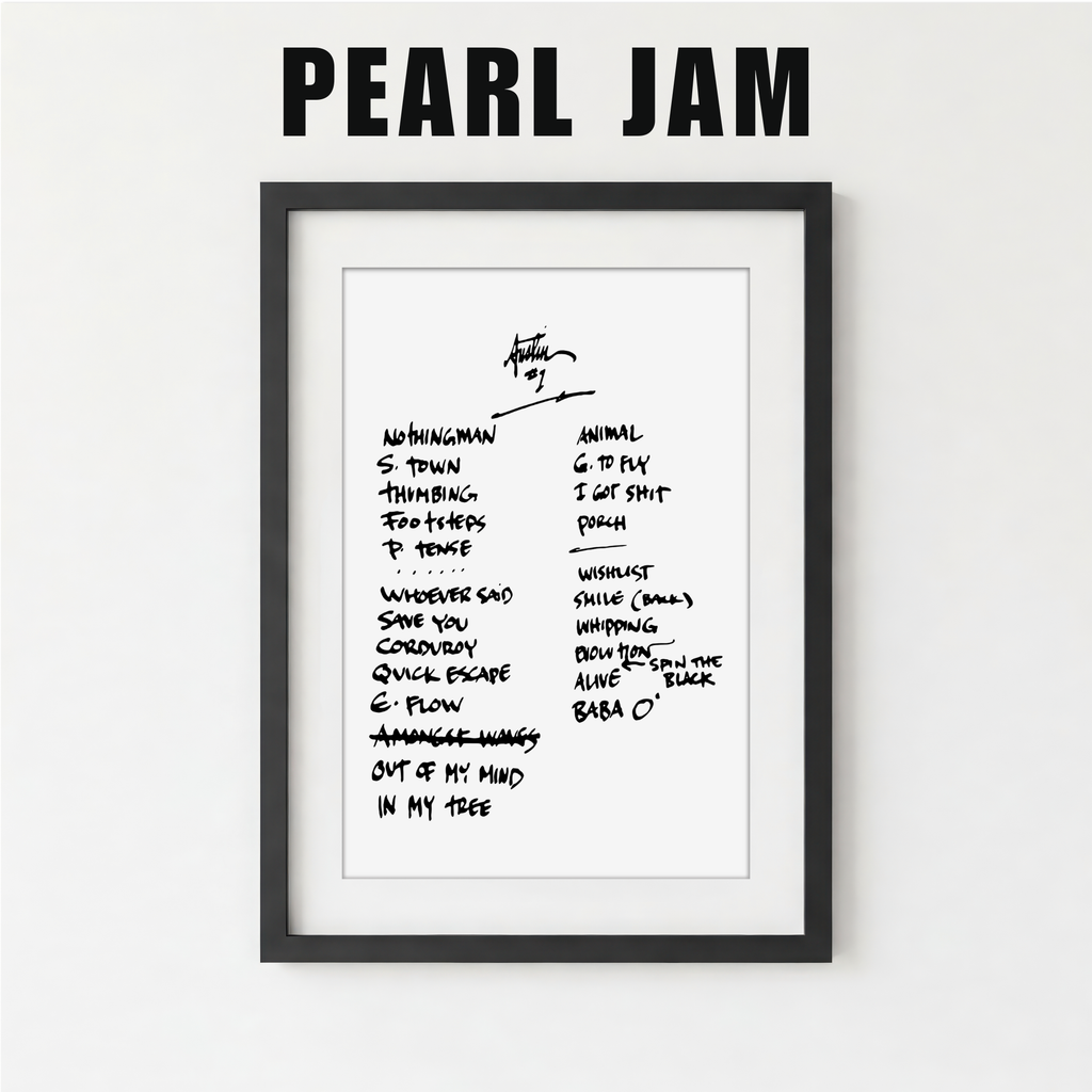 Framed list of Pearl Jam song titles on a white background