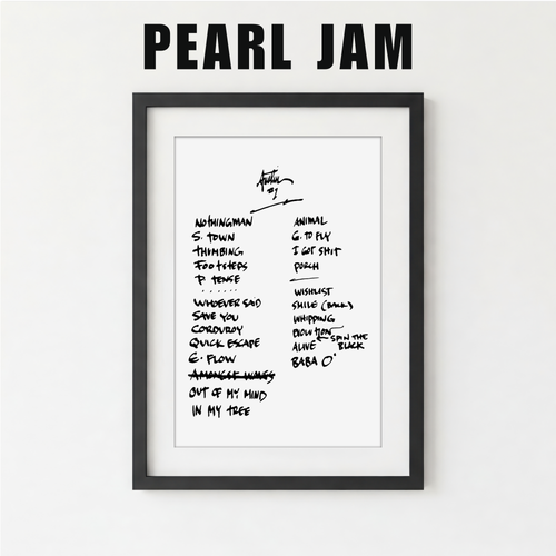 Framed list of Pearl Jam song titles on a white background