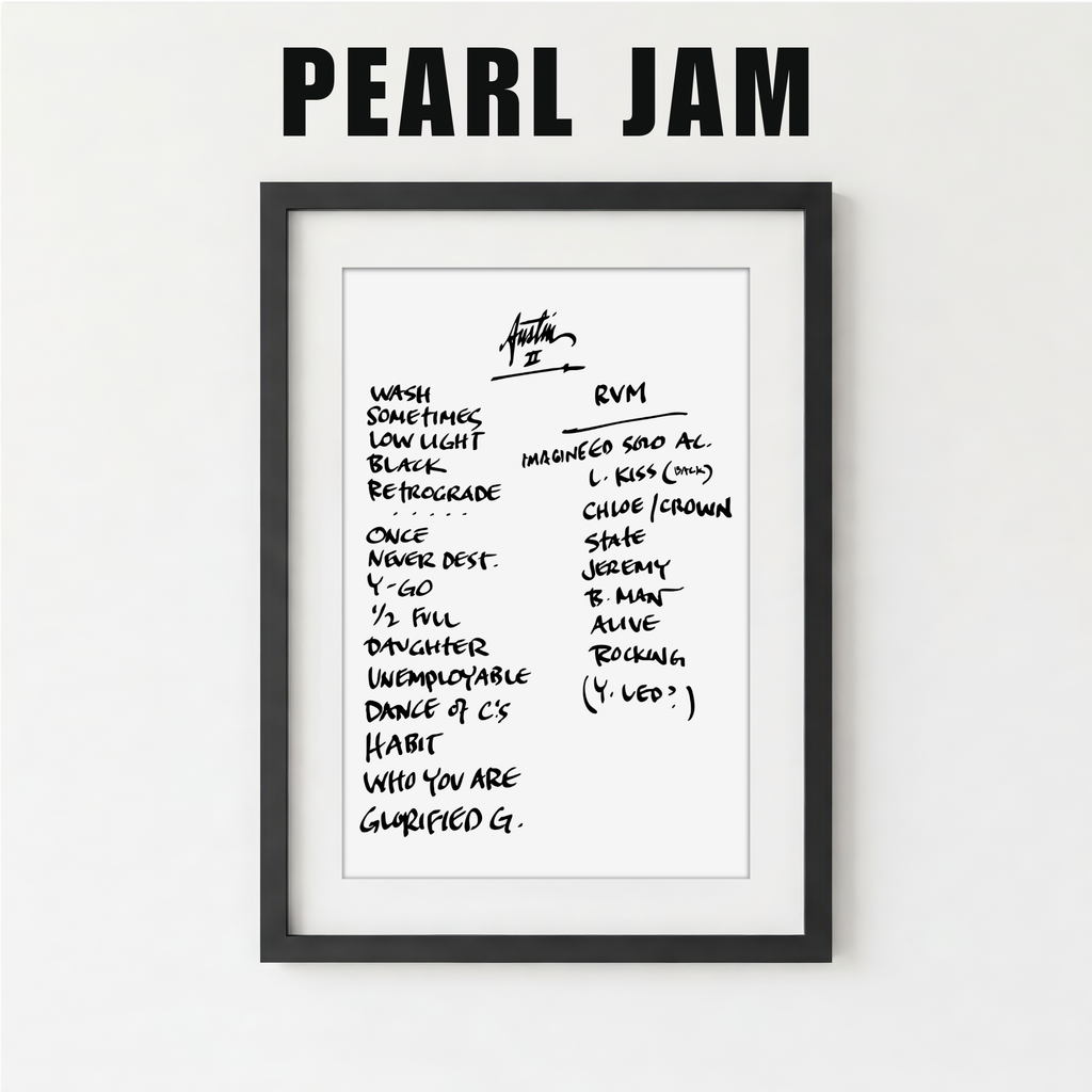 Framed list of Pearl Jam album track names on a white background