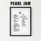 Framed list of Pearl Jam album track names on a white background
