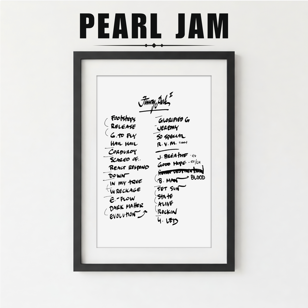 Framed list of Pearl Jam album tracklist with a plant on a white background