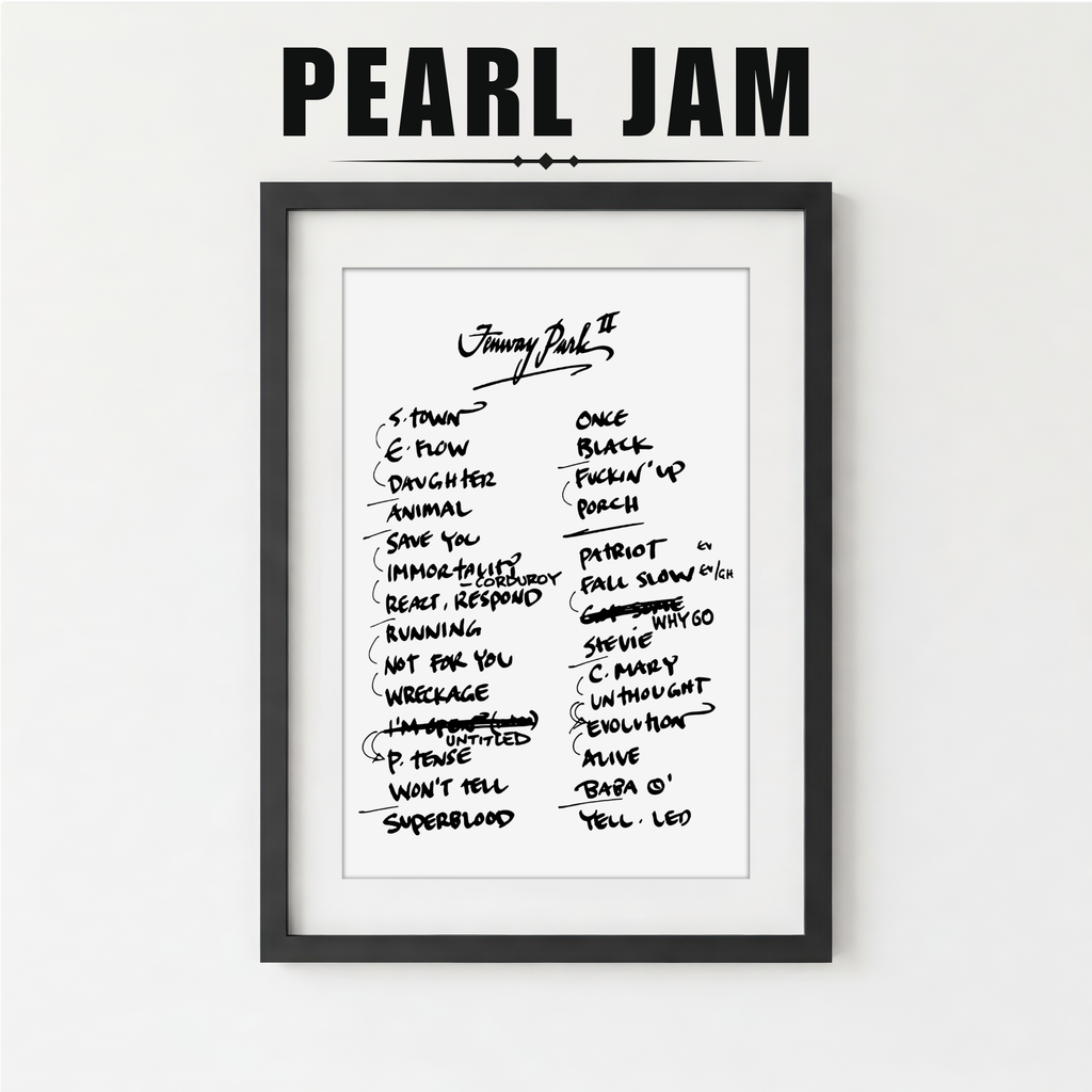 Framed list of Pearl Jam album titles on a white background