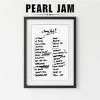 Framed list of Pearl Jam album titles on a white background
