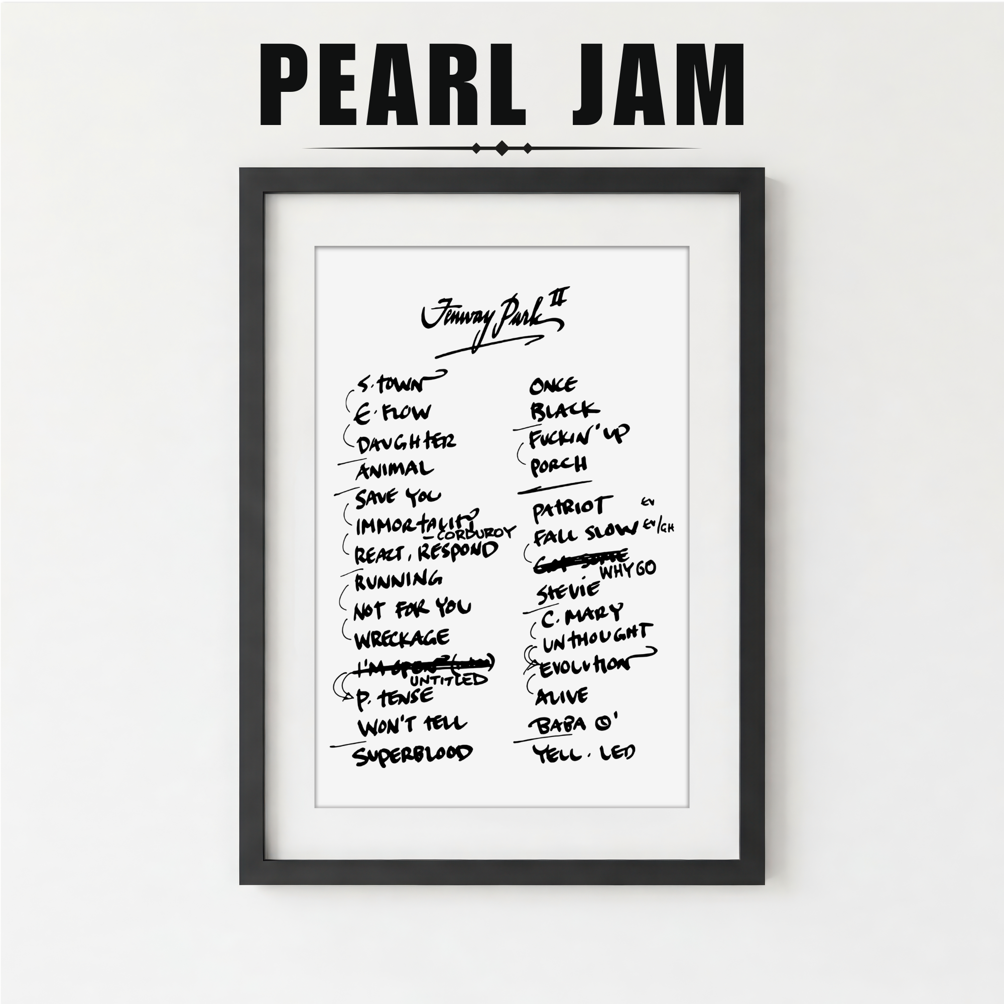 Framed list of Pearl Jam album titles on a white background