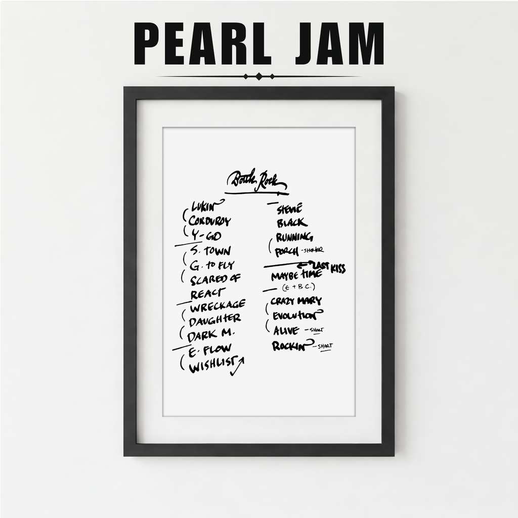 Framed list of Pearl Jam album titles on a white background