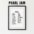 Framed list of Pearl Jam album titles on a white background