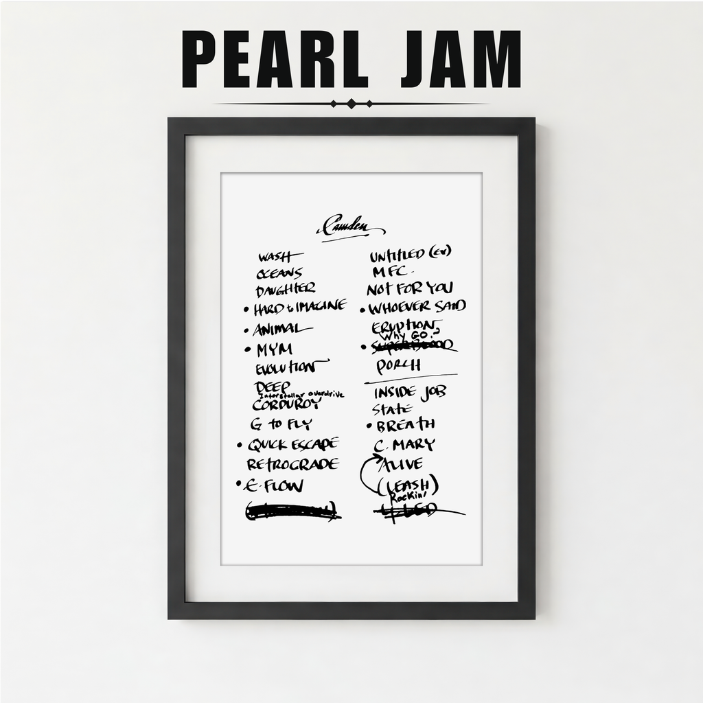 Framed list of Pearl Jam song titles on a white background
