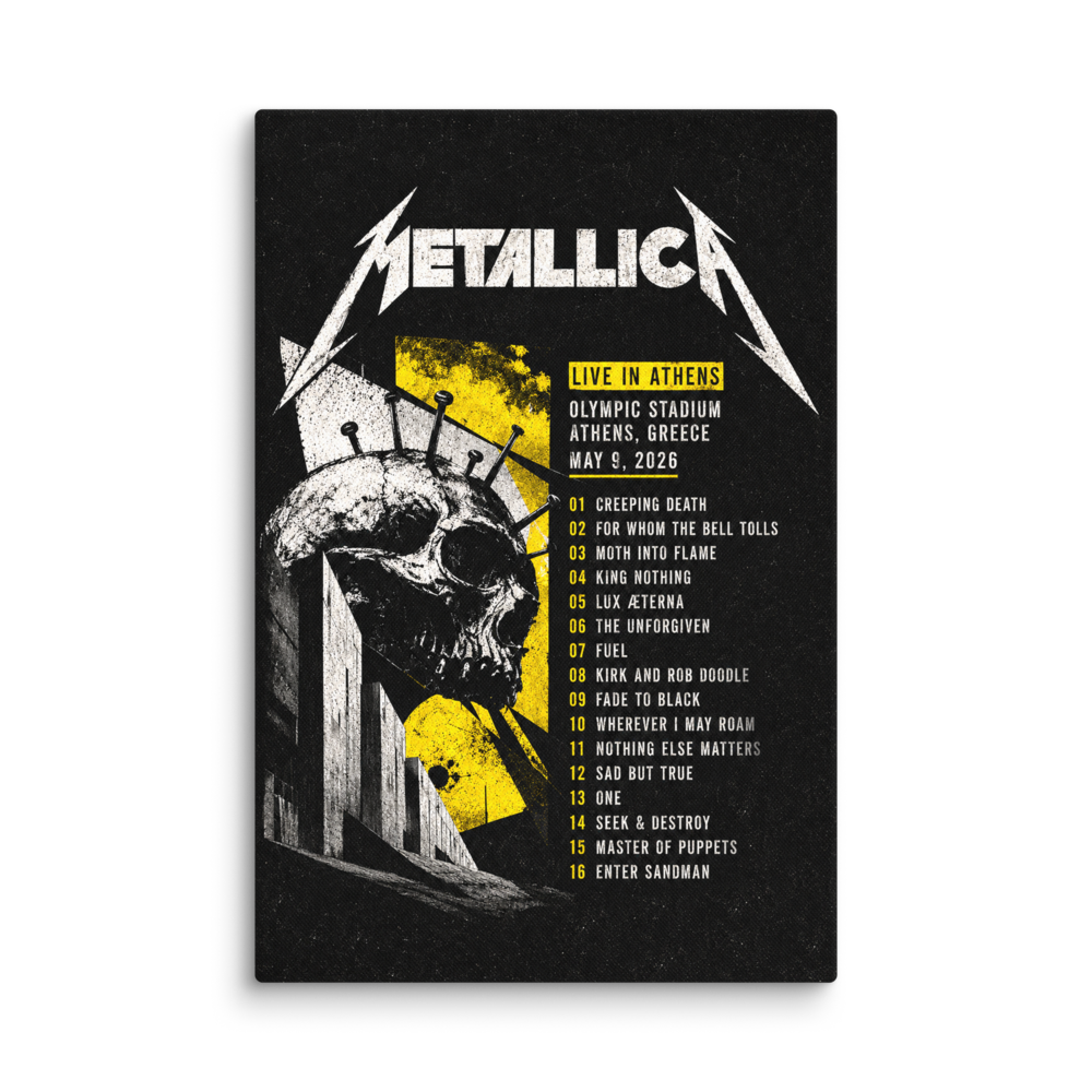 Metallica concert poster with skull design and event details on a black background