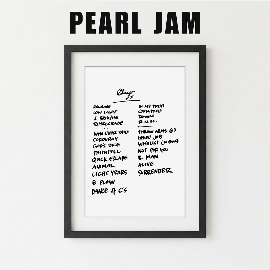 Framed poster with Pearl Jam album tracklist on a white background