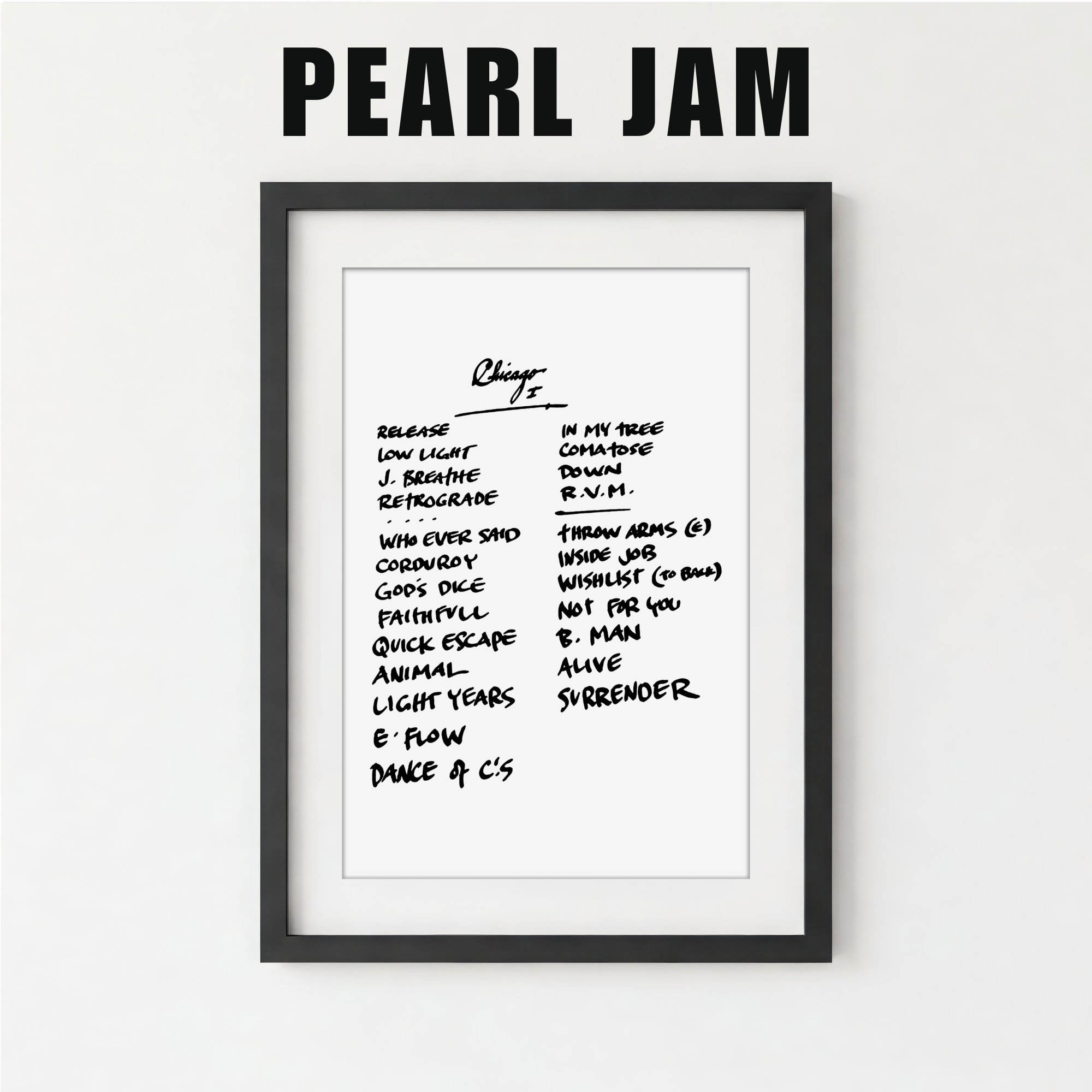 Framed poster with Pearl Jam album tracklist on a white background