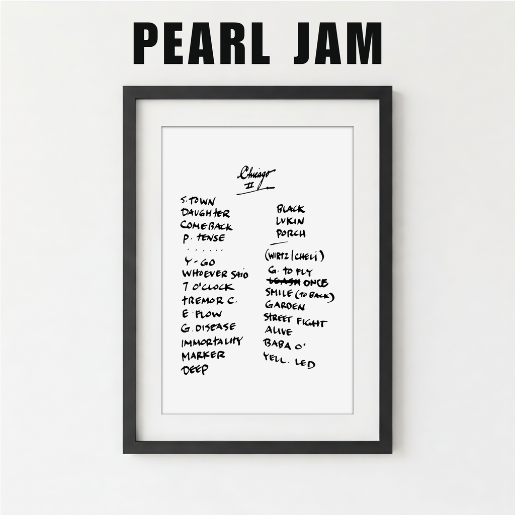 Framed list of Pearl Jam album track names on a white background