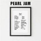 Framed list of Pearl Jam album track names on a white background