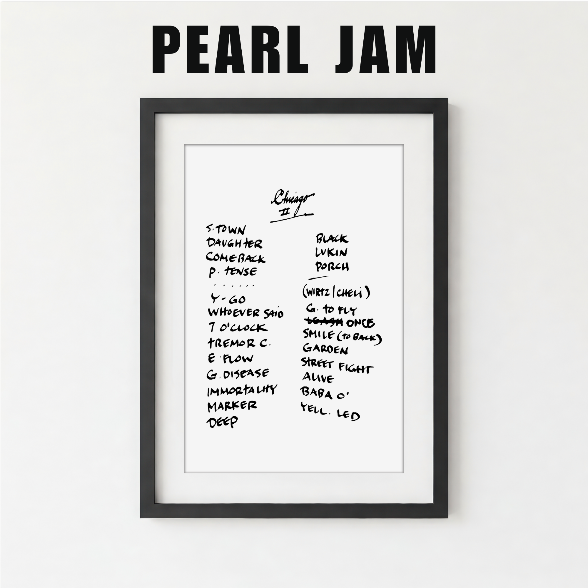 Framed list of Pearl Jam album track names on a white background