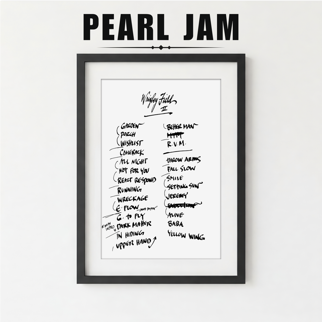 Framed Pearl Jam album tracklist on a white background