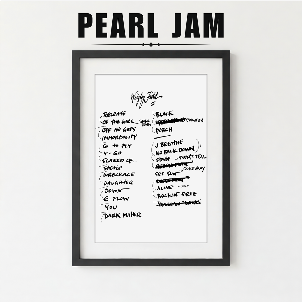 Framed Pearl Jam album tracklist on a white background