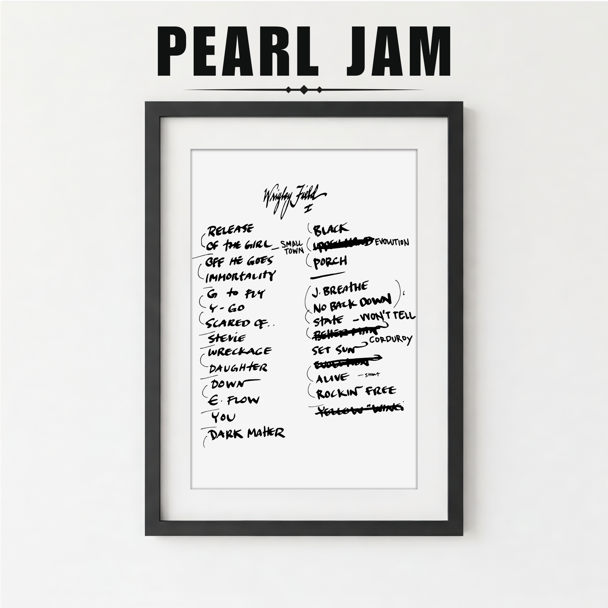 Framed Pearl Jam album tracklist on a white background