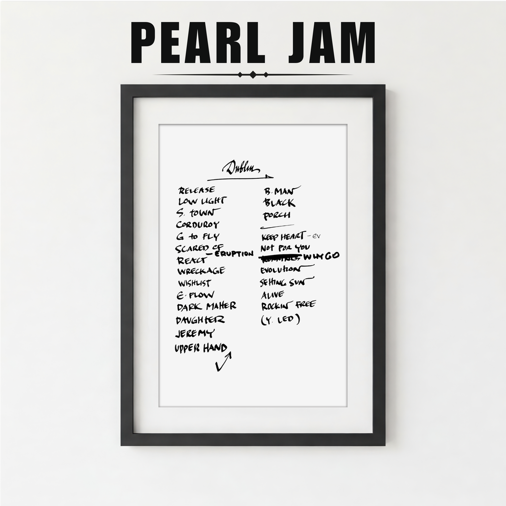 Framed list of Pearl Jam album track names on a white background