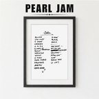 Framed list of Pearl Jam album track names on a white background