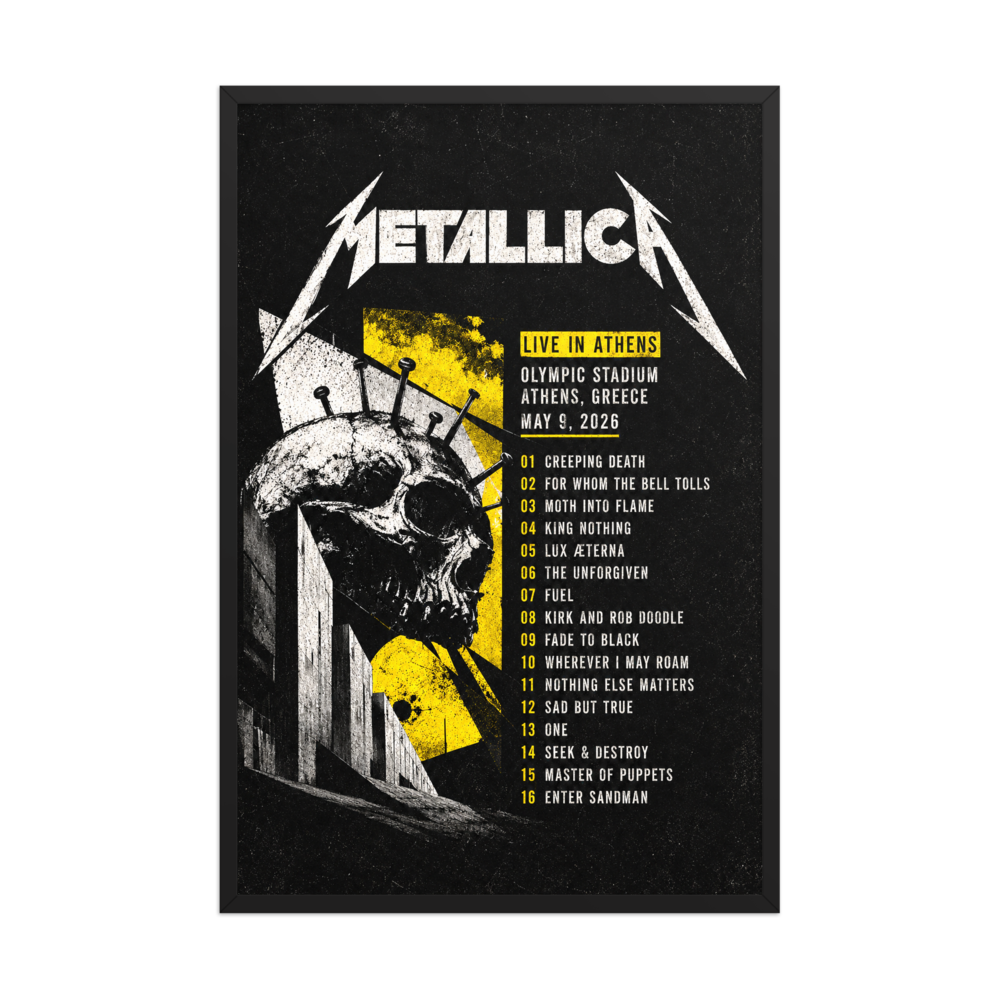Metallica concert poster with skull design and event details on a black background