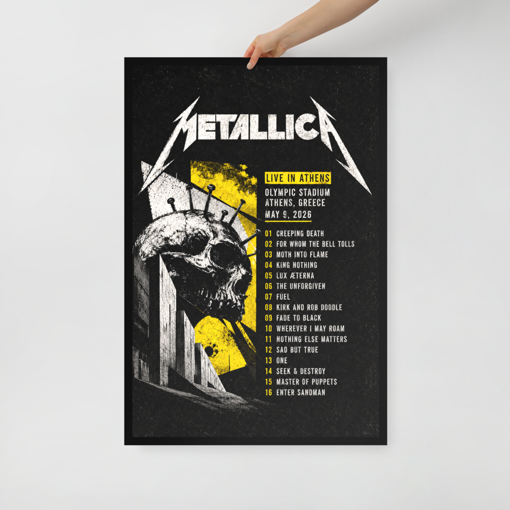 Metallica concert poster with skull design and event details on a black background
