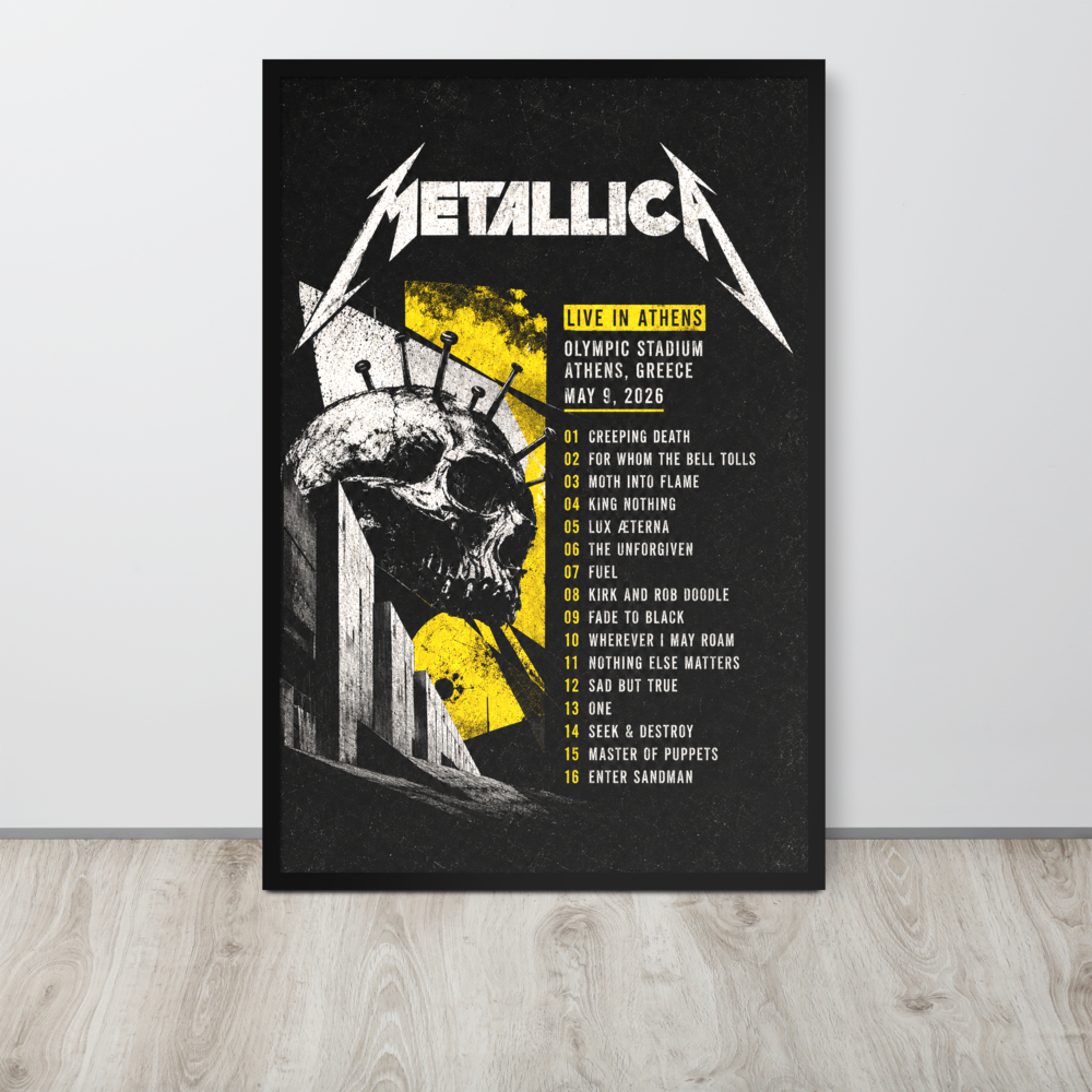 Metallica concert poster with skull design and setlist on a black background