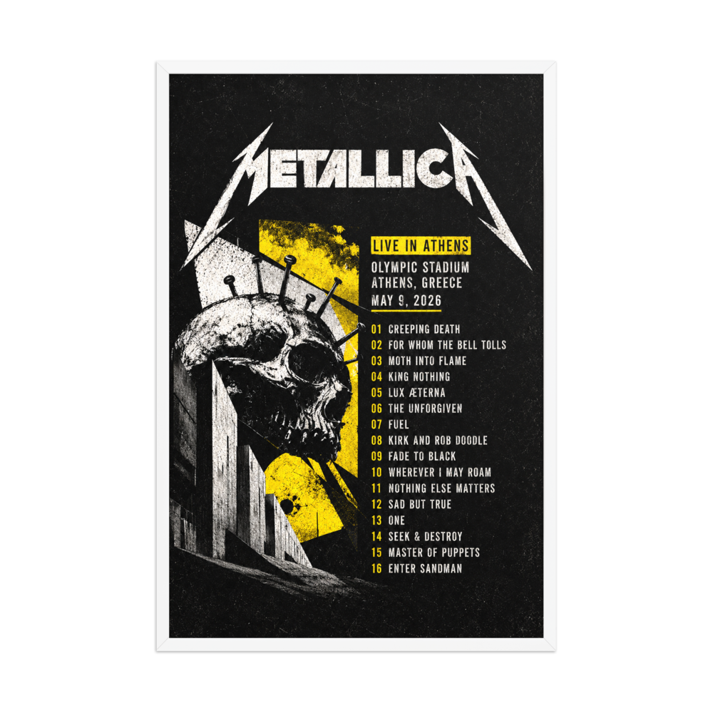 Metallica concert poster with skull design and event details on a black background