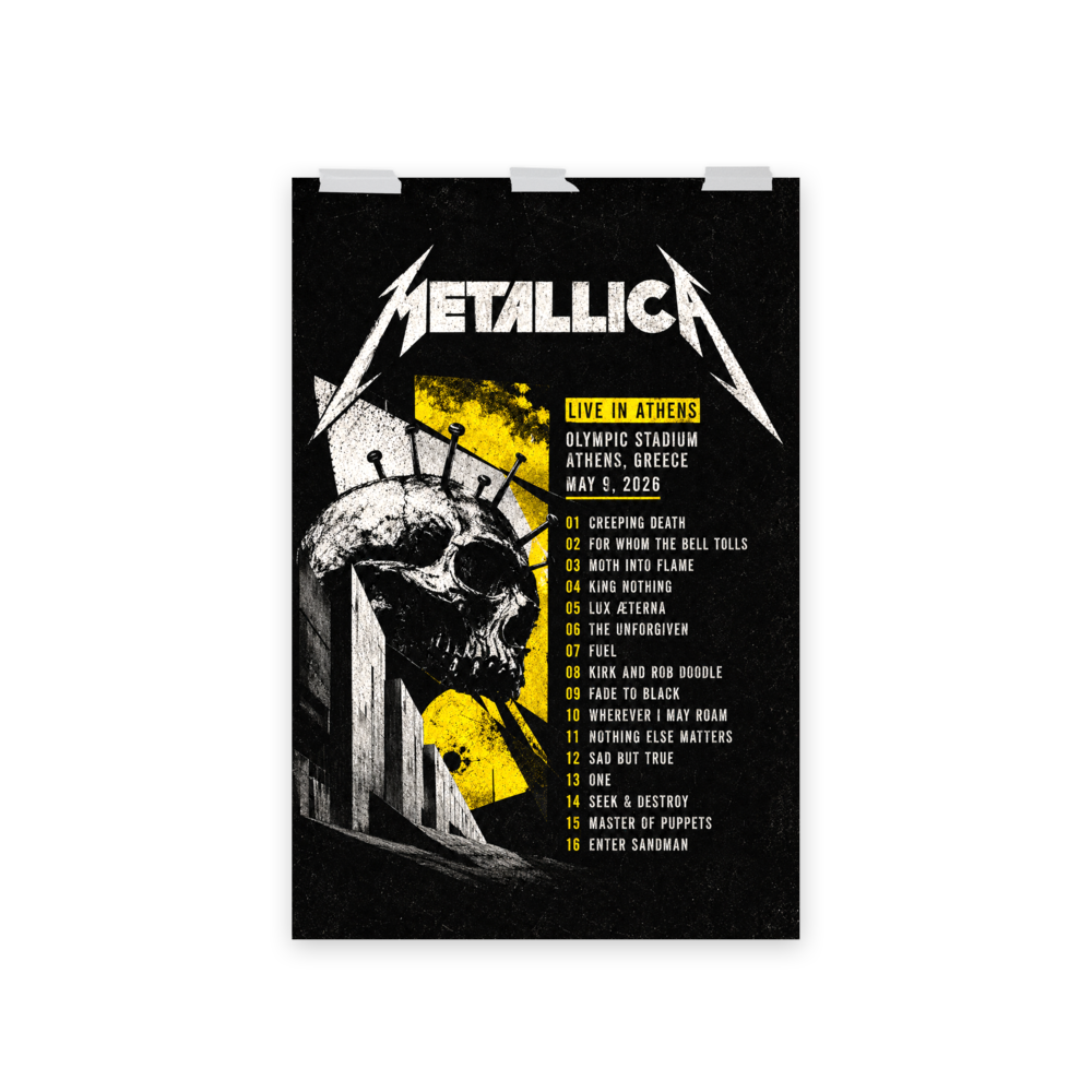Metallica concert setlist poster with graphic design on a black background