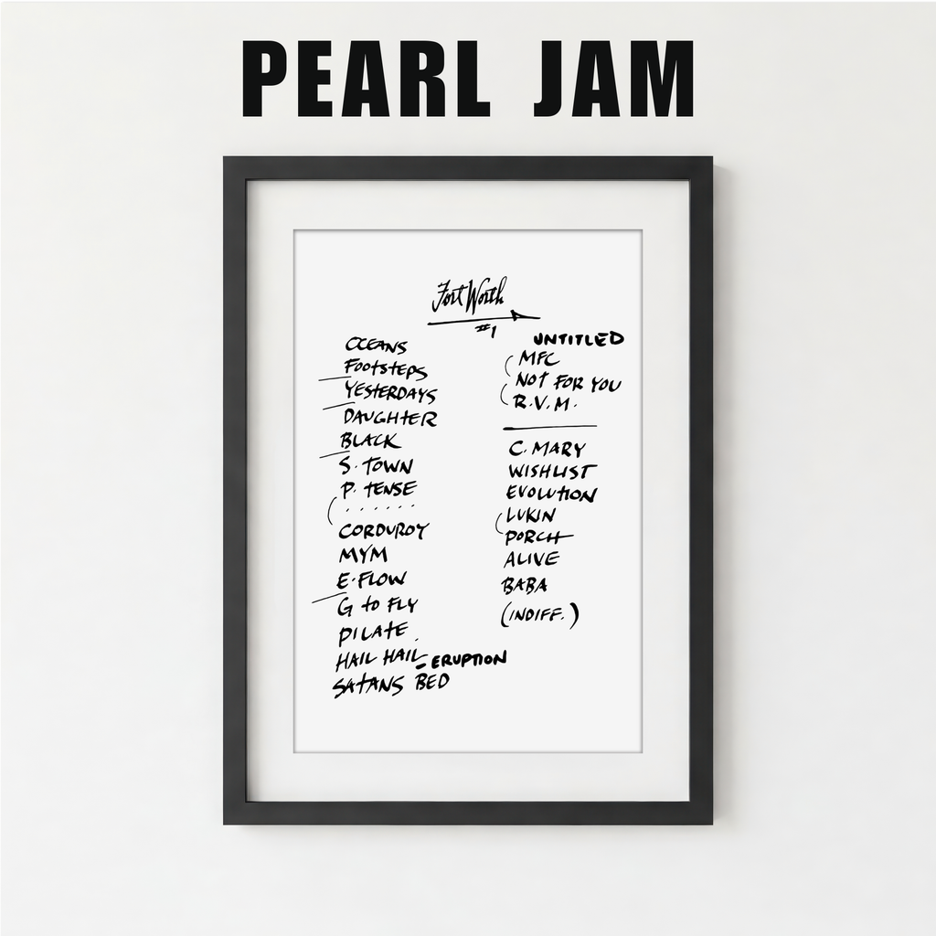 Framed poster with Pearl Jam album tracklist on a white background