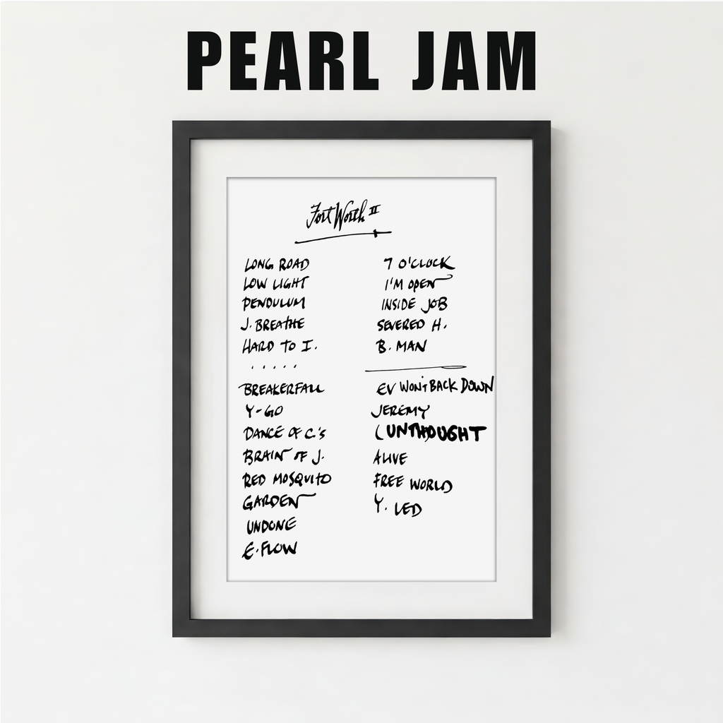 Framed Pearl Jam album tracklist on a white background