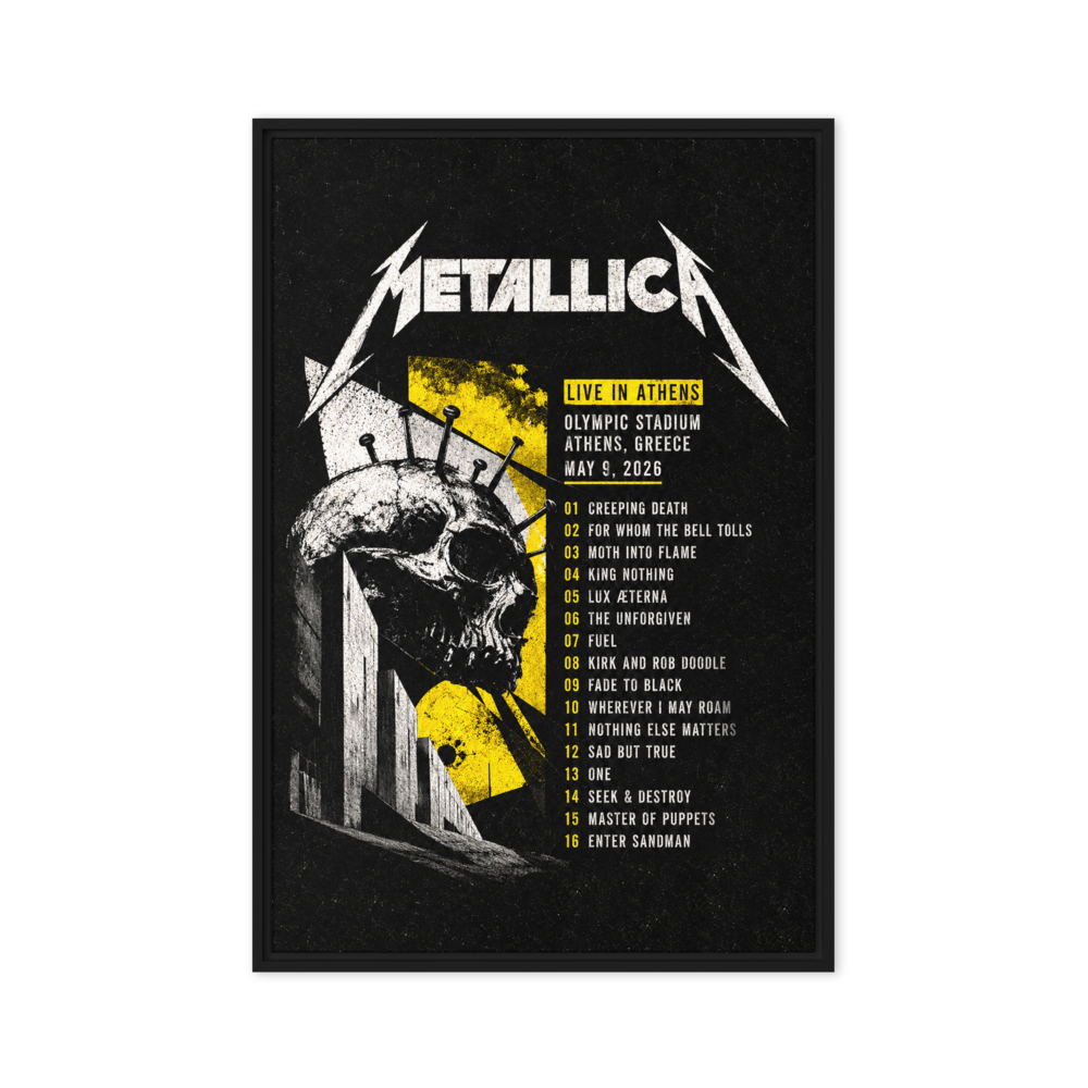 Metallica framed canvas concert setlist with skull design and setlist on a black background