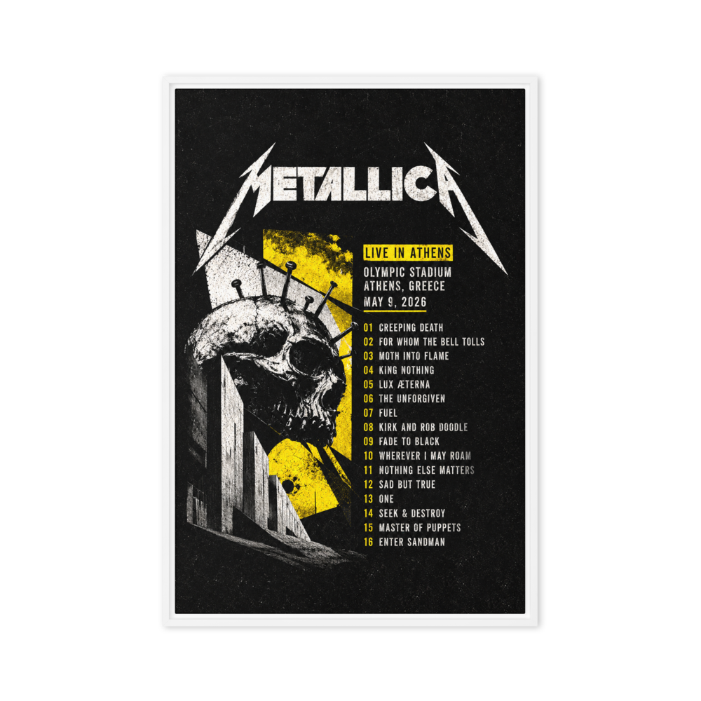 Metallica framed canvas concert setlist with skull design and setlist on a black background