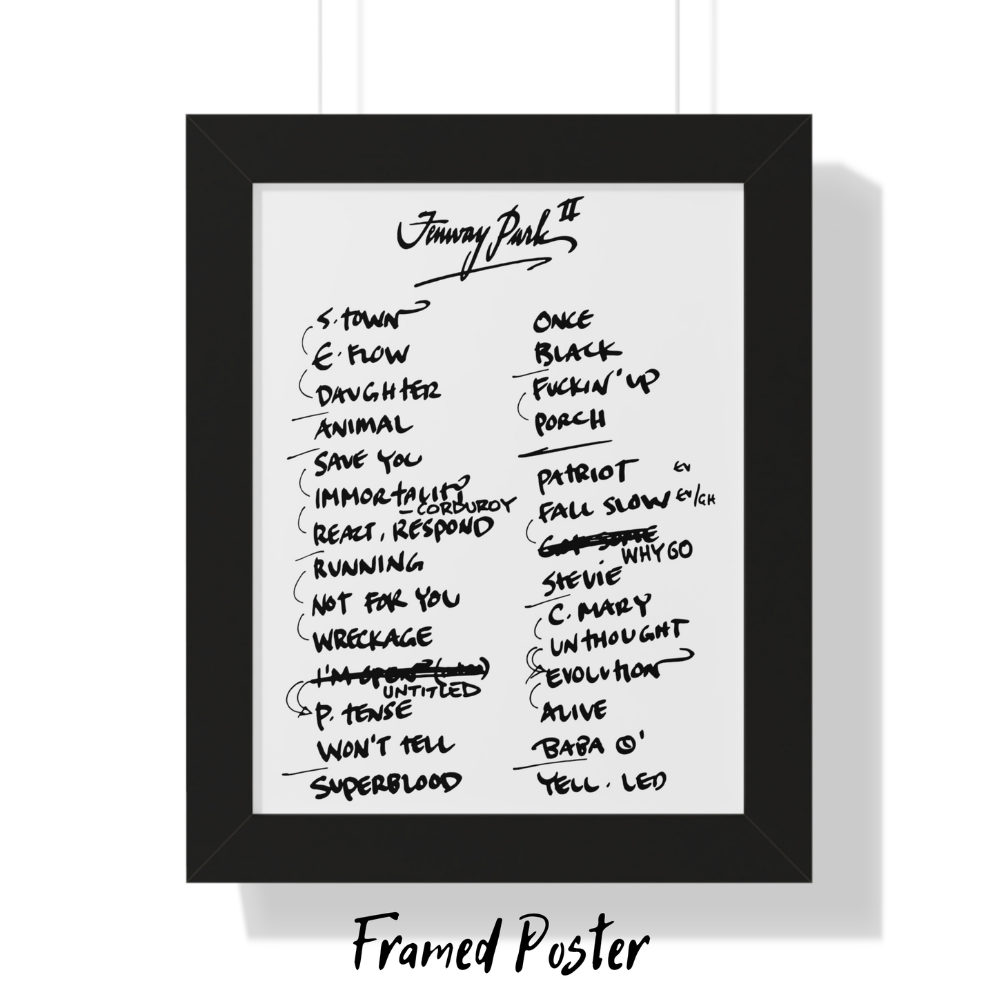 Framed poster with handwritten setlist on a white background