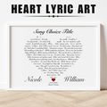 Heart lyric art print with personalized names and date on a white background