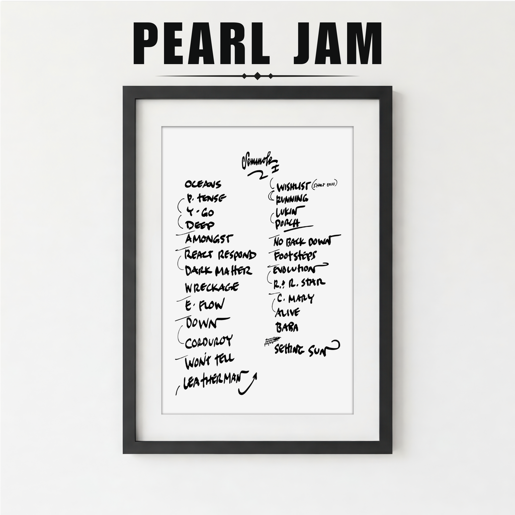 Framed list of Pearl Jam album tracklist on a white background