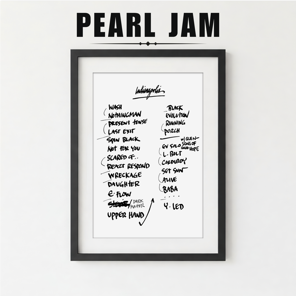 Framed poster with Pearl Jam album tracklist on a white background