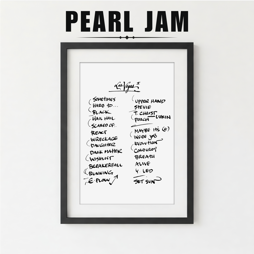 Framed poster with Pearl Jam album tracklist on a white background